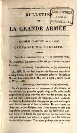 Bulletins officiels de la Grande Armée. 1. Volume, Campagnes d'Austerlitz et d'Jéna