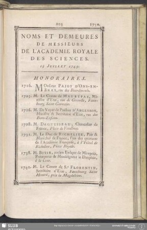 Noms Et Demeures De Messieurs De L'Académie Royale Des Sciences. 19 Juillet 1749