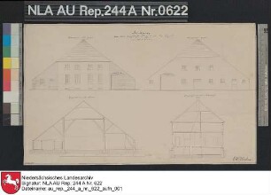 Giebelansichten und Querprofile vom Platzgebäude der Domäne Neu-Loquard bei LOQUARD Kolorierte Zeichnung von G. Behr Papier Format 45,8x27,5 M 1:161