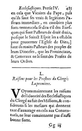 L. Raisons pour les Prestres du Clergé: La premiere