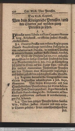 Das XLII. Capitel. Von dem Königreiche Preussen, und den Charten auf welchen gantz Preussen zu sehen