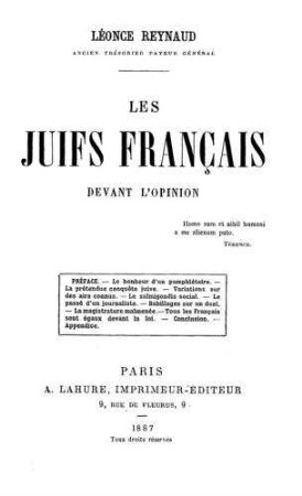 Les juifs français devant l'opinion / par Léonce Reynaud
