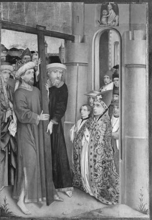 Zwei Altarflügel — Der demütige Herclius wird beim Einzug nach Jerusalem vom Bischof empfangen