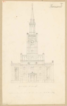 Turmspitze für die Jerusalemkirche, Berlin Monatskonkurrenz Juli 1838: Aufriss Eingangsseite; Maßstabsleiste