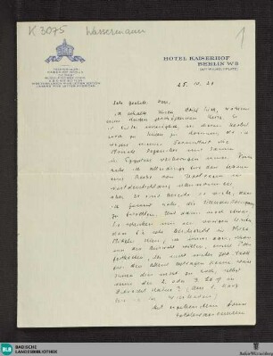 Brief von Jakob Wassermann an Heinrich Berl vom 25.10.1928 - K 3075