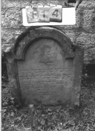Grabstein 114 (Index: 99609750) Material: Sandstein Zustand: verwittert, angeschlagen Maße HxBxT: 71x53x11 cm Beschreibung: Stele, eingezogener Rundbogenabschluß, Schriftfeld eingetieft Besonderheit: Kindergrab: Grabstein 114