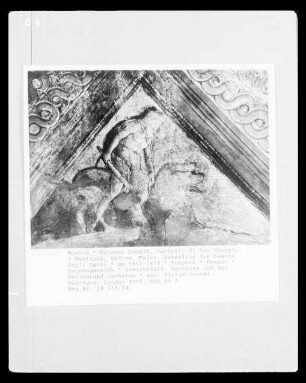 Ausmalung der Camera degli Sposi — Deckenmalereien — Stichkappe mit Szene aus dem Mythos von Herakles: Herakles zähmt Zerberus