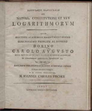 Disputatio Inauguralis De Natura, Constitutione Et Usu Logarithmorum