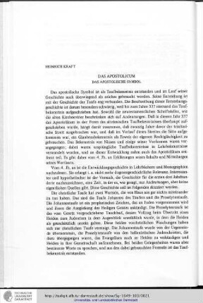 Heinrich Kraft - Das Apostolicum - Das apostolische Symbol