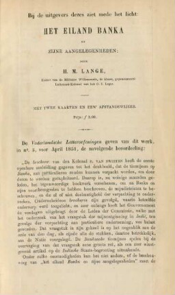 Bij de uitgevers dezes ziet mede het licht: Het eiland Banka en zijne aangelegenheden ... door H. M. Lange