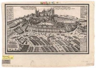 Ansicht von Burg und Stadt Stolpen, Kupferstich, 1758 : Prospect der Berg Vestung u. Stadt Stolpen gegen Mitternacht : nebst vorstellung das Kaÿsl. Königl. Lagers 1758. - [S.l.] , [nach 1758]. - 1 Kunstbl. : Kupferst. ; 33 x 19 cm