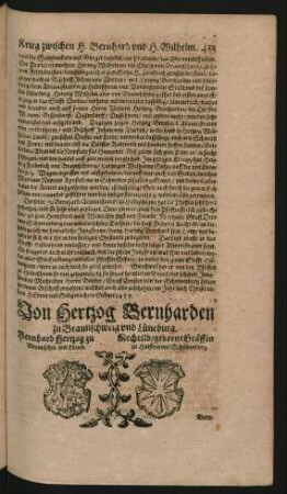 Wappen. Bernhard Hertzog zu Braunschw. und Lüneb. und Mechthild/ geborne Gräffin zu Holsten und Schawenburg.