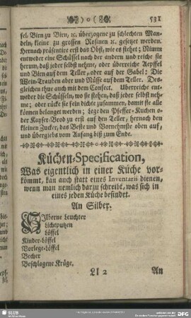 Küchen-Specification, Was eigentlich in einer Küche vorkömmt, kan auch statt eines Inventarii dienen, wenn man nemlich darzu schreibt, was sich in eines jeden Küche befindet