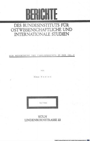 Zur Neuordnung des Familienrechts in der UdSSR