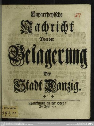 Unpartheyische Nachricht Von der Belagerung Der Stadt Danzig