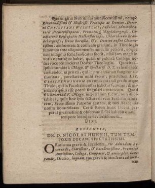 Responsio, Dn. D. Nicolai Hunnii, Tum Temporis Decani Spectatissimi.