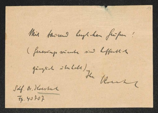 Brief von Walter Koestel an Gerhart Hauptmann und Margarete Hauptmann