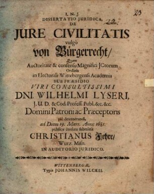Diss. iur. de iure civilitatis, vulgo von Bürgerrecht