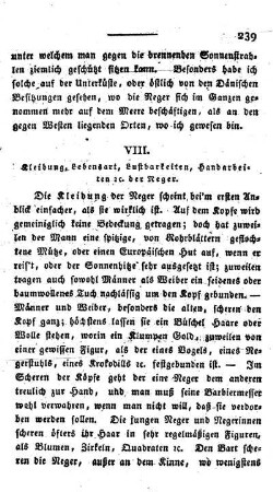 VIII. Kleidung, Lebensart, Lustbarkeiten, Handarbeiten der Neger.