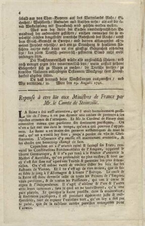 Reponse à etre lüe aux Ministres de France par Mr. le Comte de Steinville