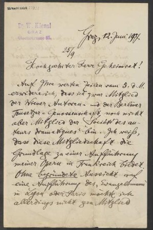 Brief an Ludwig Strecker  an B. Schott's Söhne : 12.06.1907