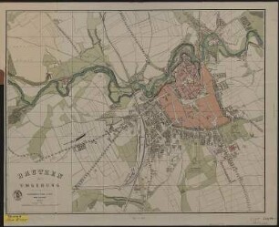Bautzen mit Umgebung, 1:6 670, um 1892 : Bautzen mit Umgebung / zusammengestellt v. J. O. Ranfft. - 1:6 670. - Bautzen : Rühl, [ca. 1892]. - 1 Kt. : mehrfarb. , 54 x 42 cm, gefaltet + Beih. (4 S.) Mit Verz. der Straßen und hervorragenden Gebäude