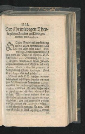 IIII. Der Ehrwirdigen Theologischen Facultet zu Tübingen/ antwort und Censura.