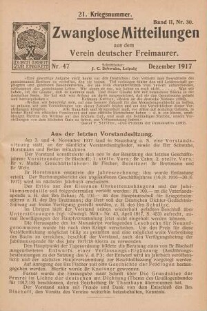 Nr. 47 Dezember 1917 21. Kriegsnummer. Band II, Nr. 30.