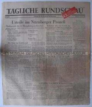 Sowjetische Tageszeitung für die deutsche Bevölkerung "Tägliche Rundschau" zur Urteilsverkündigung im Nürnberger Prozess