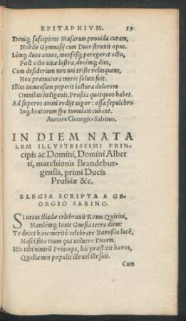 In Diem Natalem Illustrissimi Principis ac Domini, Domini Alberti, marchionis Brandeburgensis, primi Ducis Prussiae &c.