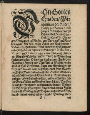 Von Gottes Gnaden/ Wir Christian der Ander/ Hertzog zu Sachsen ...
