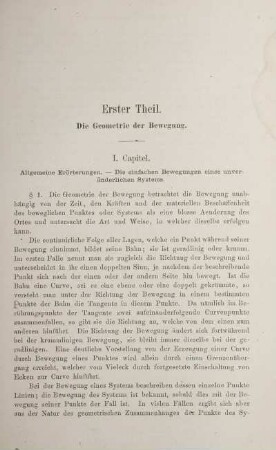I. Capitel. Allgemeine Erörterungen. - Die einfachen Bewegungen eines unveränderlichen Systems.