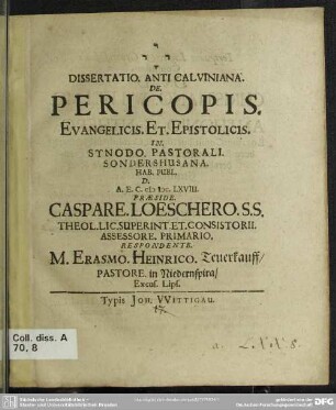 Dissertatio anti-calviniana de pericopis evangelicis et epistolicis