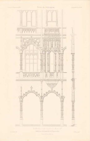 Börse, Antwerpen: Innenansicht, Fassadenschnitt vertikal (aus: Atlas zur Zeitschrift für Bauwesen, hrsg. v. G. Erbkam, Jg. 38, 1888)