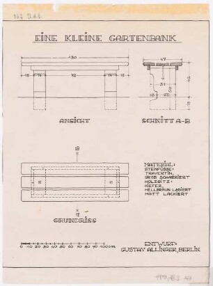 Druckvorlagen / Garten Allinger, Berlin-Dahlem: Werkzeichnung der kleinen Gartenbank: Grundriss, Ansicht, Schnitt, Maßstabsleiste