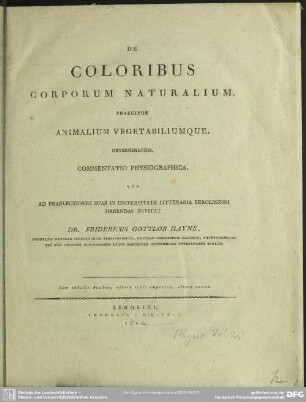De coloribus corporum naturalium, praecipue animalium vegetabiliumque determinandis commentatio physiographica