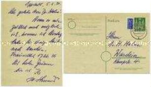 Handgeschriebene Postkarte an Dr. Hahne zur Ankündigung eines Besuchs - Personenkonvolut