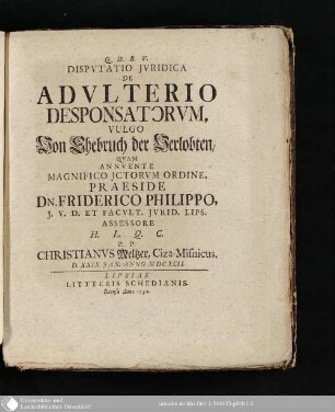 Dispvtatio Jvridica De Aldvlterio Desponsatorvm