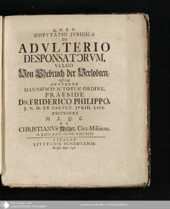 Dispvtatio Jvridica De Aldvlterio Desponsatorvm