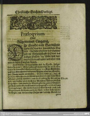Leichenpredigt : Christliche Leichen-Predigt, Praeloquium Oder Allgemeiner Eingang, Textus, Exordium Speciale, Oder Sonderbahrer Eingang