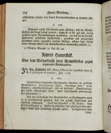 Achtes Hauptstük. Von dem Verhaeltnisse derer Reichsfürsten gegen regierende Reichsgrafen
