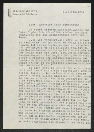 Brief von Rudolf Gahlbeck an Gerhart Hauptmann