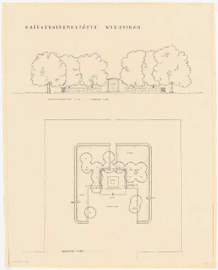 Friedhof und Ehrenmal, Weruschau: Lageplan und Ansicht Ehrenmal mit Grünflächen 1:200