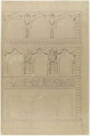 Sgraffito-Dekorationen am Wohn- und Geschäftshaus des Apothekers Wilhelm Semper, Hamburg. Rechte Fassadenhälfte, 2.-4. Obergeschoss