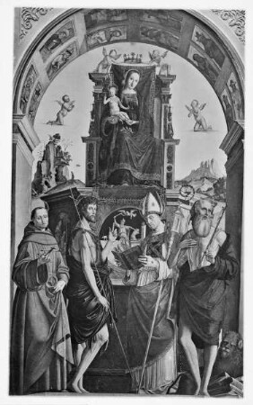 Thronende Maria mit dem segnenden Kind, den Heiligen Franziskus von Assisi, Johannes dem Täufer, Hieronymus und Ambrosius — Thronende Maria mit dem segnenden Kind, den Heiligen Franziskus von Assisi, Johannes dem Täufer, Hieronymus und Ambrosius
