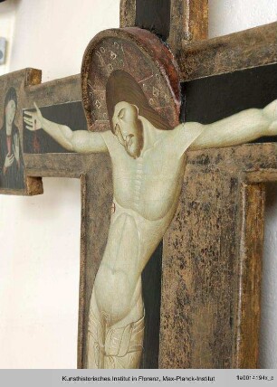 Kruzifix mit Maria, Johannes, Christus Pantokrator und einem Stifter