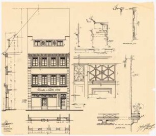 Fassaden der nach dem Brand am 17. Juni 1915 wiederaufgebauten Häuser, Duderstadt: Aufriss: Ansicht von der Straße 1:50; Fassadenschnitte horizontal und vertikal 1:50; Details 1:10: Haustür, Gesimse