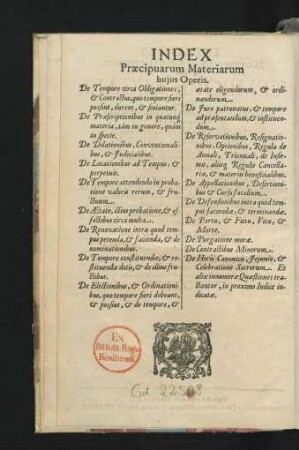 Index Praecipuarum Materiarum huius Operis