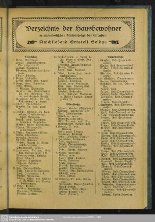 Häuserbuch : Verzeichnis der Hausbewohner in alphabetischer Reihenfolge der Straßen. Anschließend Ortsteil Seidau