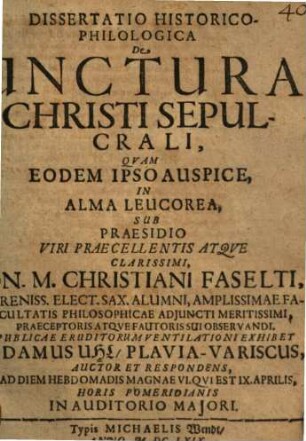 Dissertatio Historico-Philologica De Unctura Christi Sepucrali